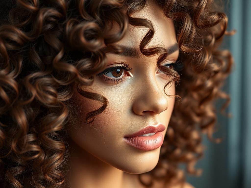 A hyper-realistic close-up shot of a Luxurious Curly Wig made from super full human hair. The wig features voluminous, bouncy curls that are rich and vibrant. The background is softly blurred, highlighting the texture and shine of the hair, with a focus on the curls. The color palette complements rgb(50, 170, 39) to enhance the image's appeal.