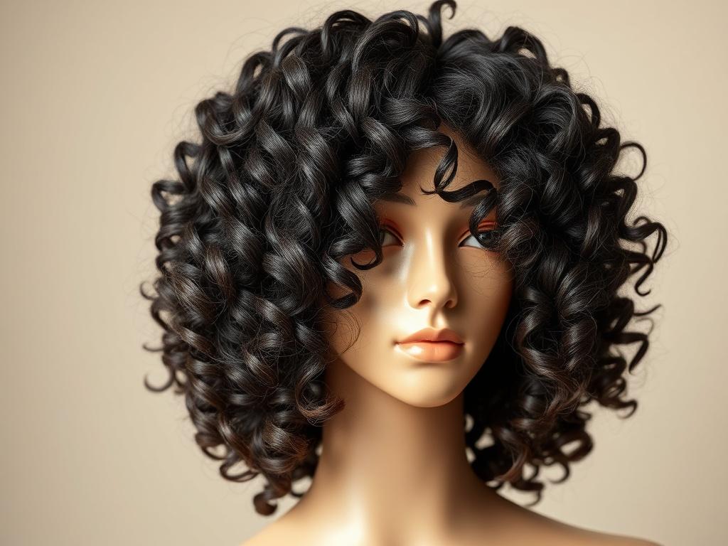 A close-up shot of a curly wig made from super full human hair, showing realistic texture and shine. The wig is displayed on a neutral background, emphasizing its volume and bounce. The focus is sharp on the curls, capturing the intricate details, with soft lighting to enhance the natural look.