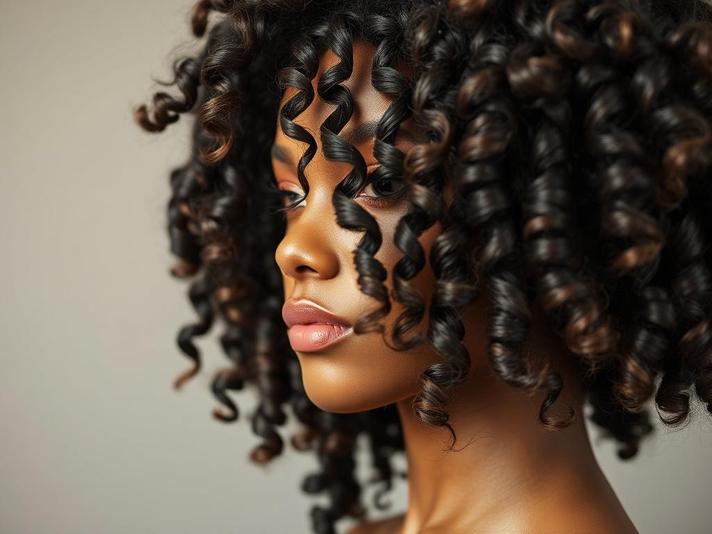 A close-up shot of a kinky coily wig made from super full human hair, highlighting its beautifully defined coils. The wig is presented against a muted background to focus on its texture and volume. The image captures the vibrancy and natural look of the curls, with soft lighting enhancing its features.