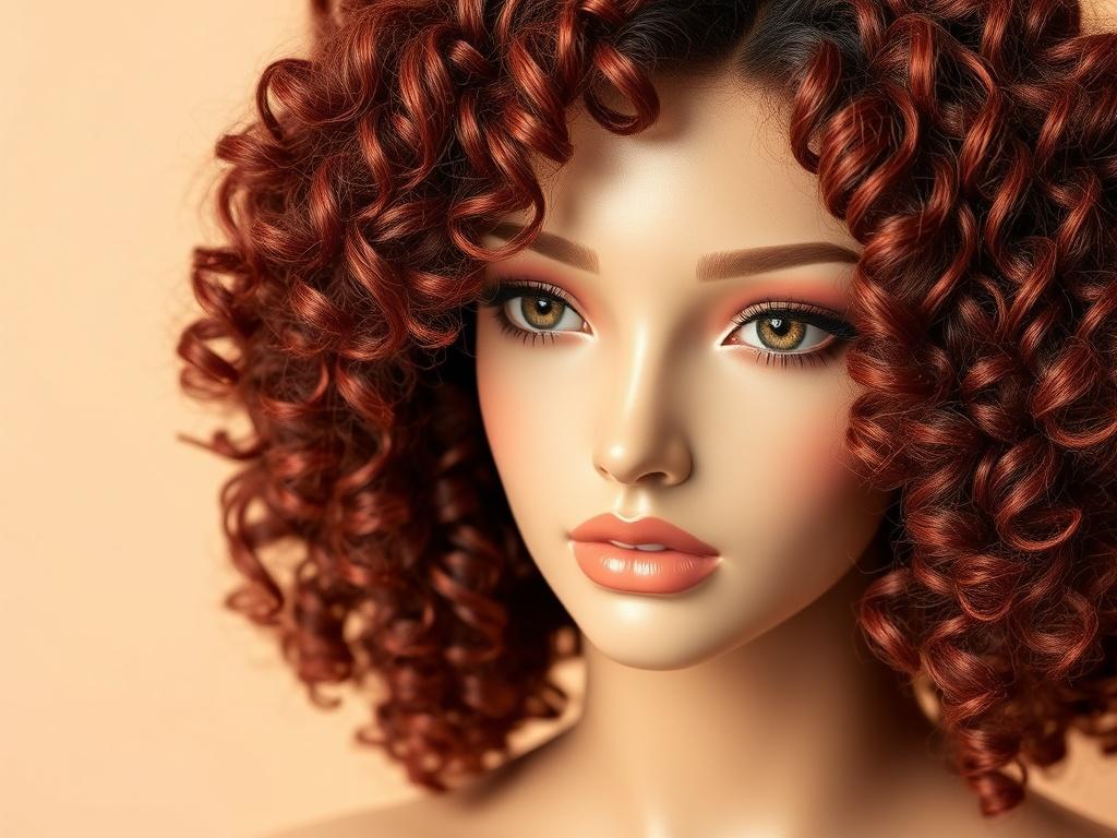 A close-up shot of a Curly Full Lace Wig displayed on a neutral background. The wig is made from super full human hair and features vibrant, bouncy curls. The focus is on the texture and shine of the curls, with a soft, natural look. The lighting is bright and enhances the rich color of the hair. The composition is simple and clear, showcasing the wig's beauty without distractions.