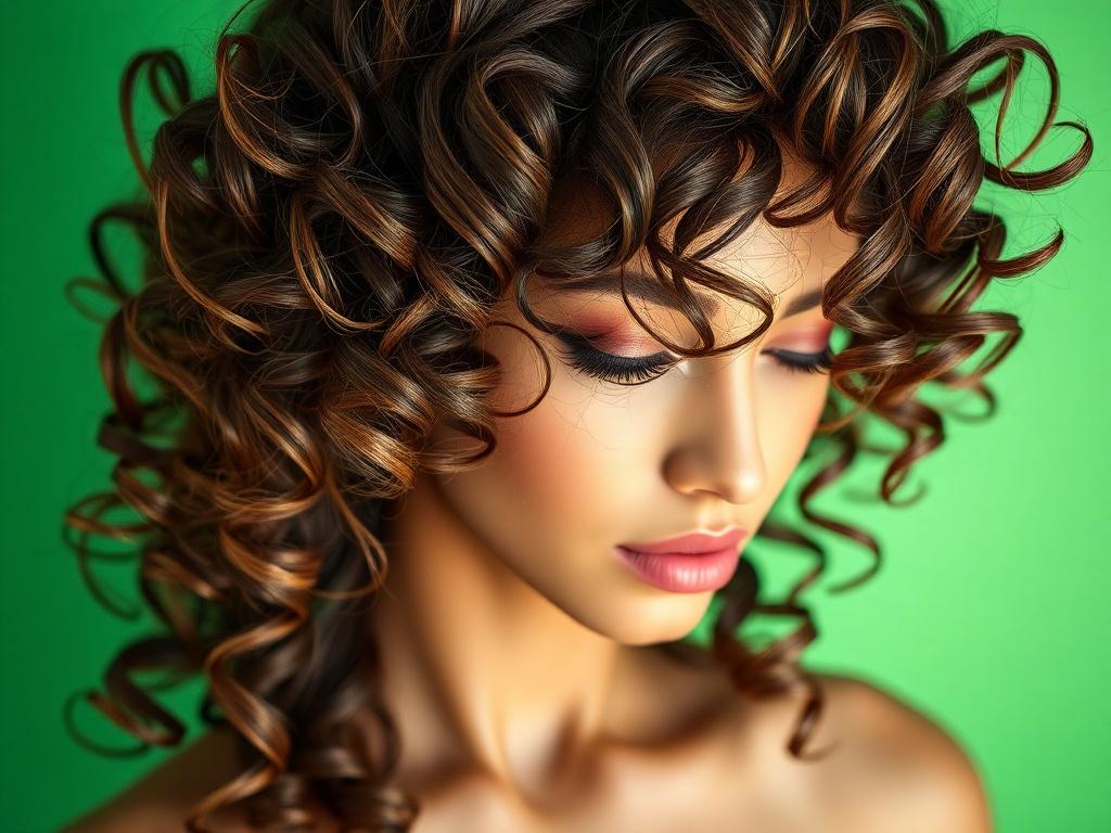 A close-up shot of a beautifully styled super full human hair wig with luscious curls, showcasing the texture and shine of the hair. The background should be softly blurred to emphasize the wig, with a vibrant green tint (rgb(50, 170, 39)) that complements the wig, creating a harmonious color palette. The lighting should be bright yet soft, highlighting the curls' definition and the wig's quality.