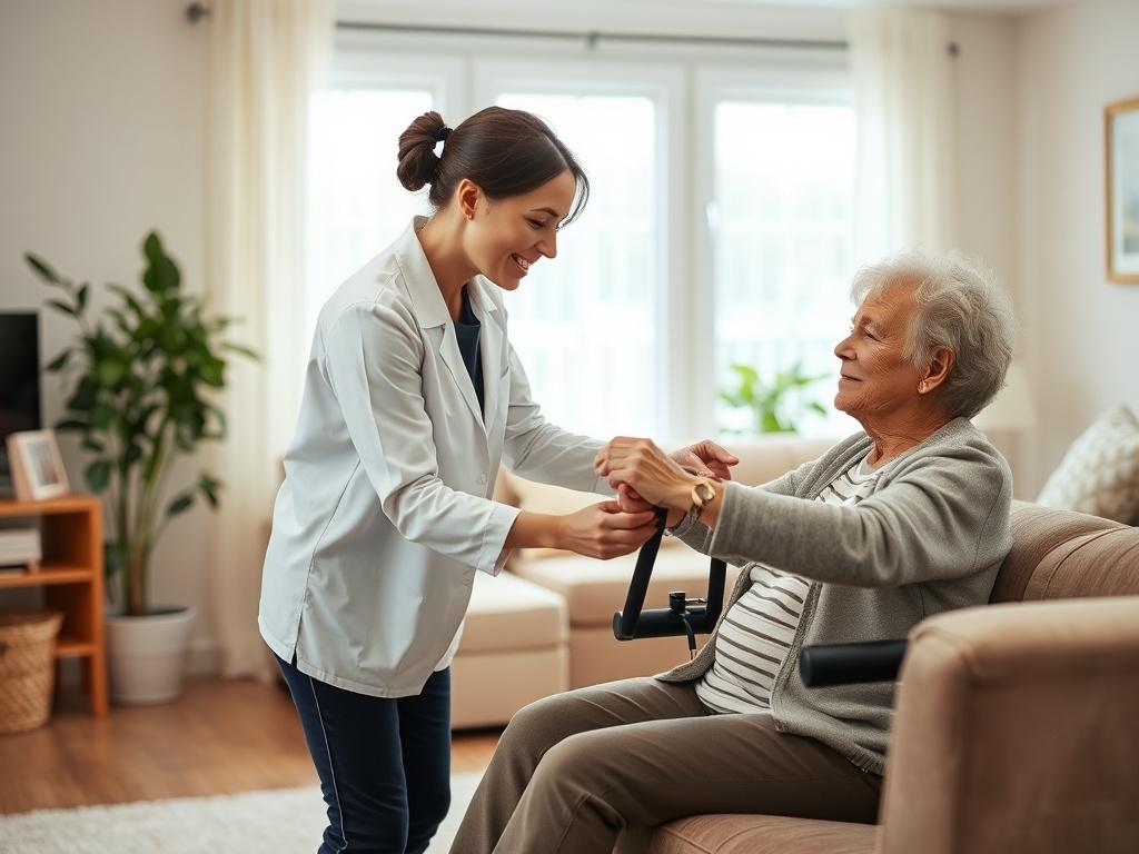 A physical therapist assisting a middle aged patient with rehabilitation