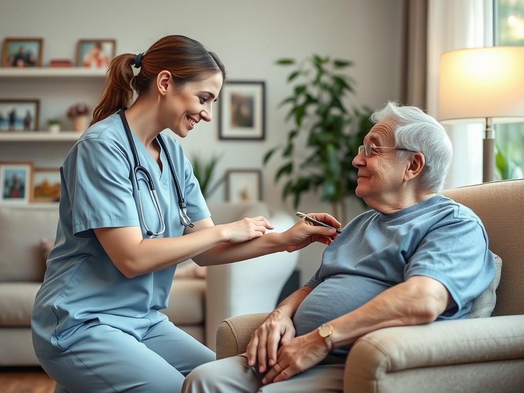 A compassionate nurse providing skilled nursing care to an elderly
