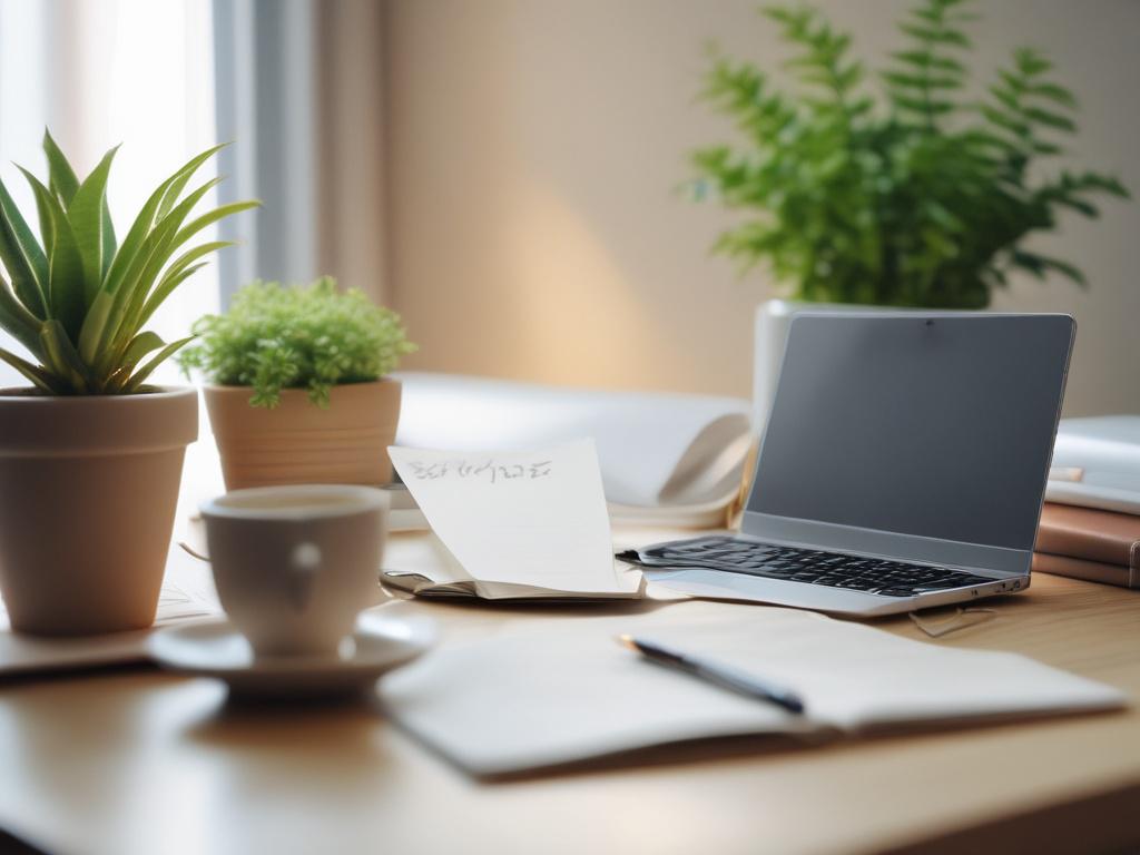 A close-up of an open book on employment standards, resting on a neatly organized desk with a laptop and a cup of coffee. The room is softly lit, creating a calm atmosphere, with a plant in the background that adds a touch of greenery. The book pages are visible, displaying clear, informative text.