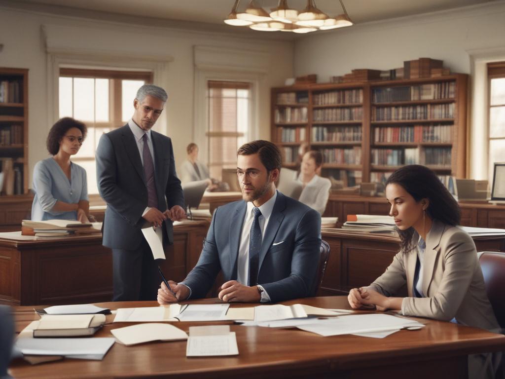 A serene office environment with a knowledgeable labor lawyer explaining labor rights to a diverse group of individuals. The lawyer is seated at a wooden desk, surrounded by books and legal documents, while the clients listen attentively, showcasing engagement and interest. Soft lighting enhances the peaceful atmosphere, with greenery visible through a window in the background.