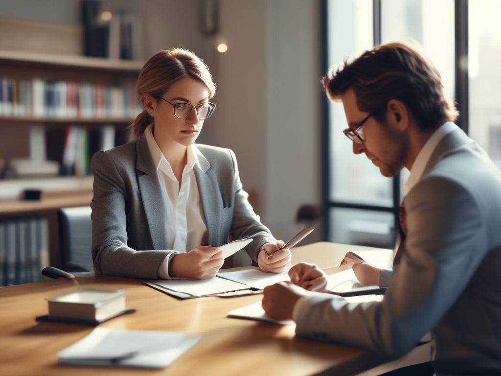 A professional labor lawyer in a modern office setting, discussing workplace legal matters with a concerned employee. The lawyer is using a tablet to show relevant information, while the employee looks engaged and reassured. The office has a calm ambiance, with soft lighting and minimalist decor.