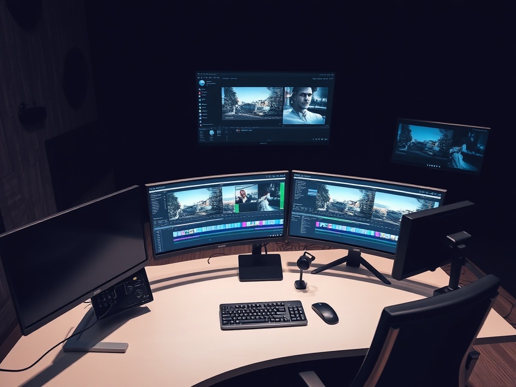 Professional video editing workspace with multiple monitors