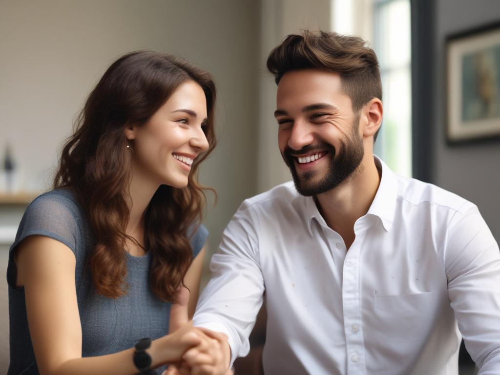 A close up shot of two people smiling and shaking