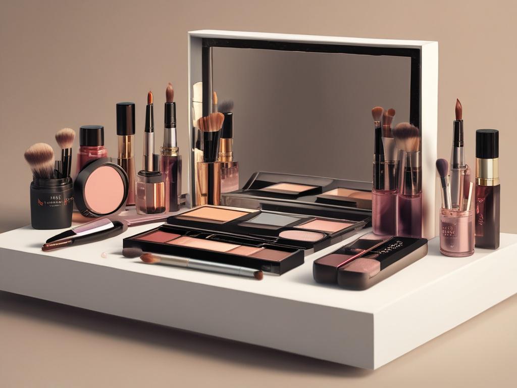 a beautifully arranged makeup setup with various cosmetics like eyeshadow