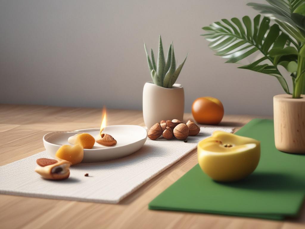 a serene wellness scene featuring a yoga mat, healthy food