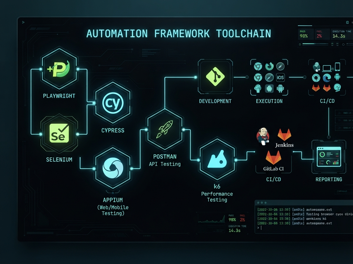 Automation Framework Toolchain: Playwright, Cypress, Selenium, Appium, Postman, k6