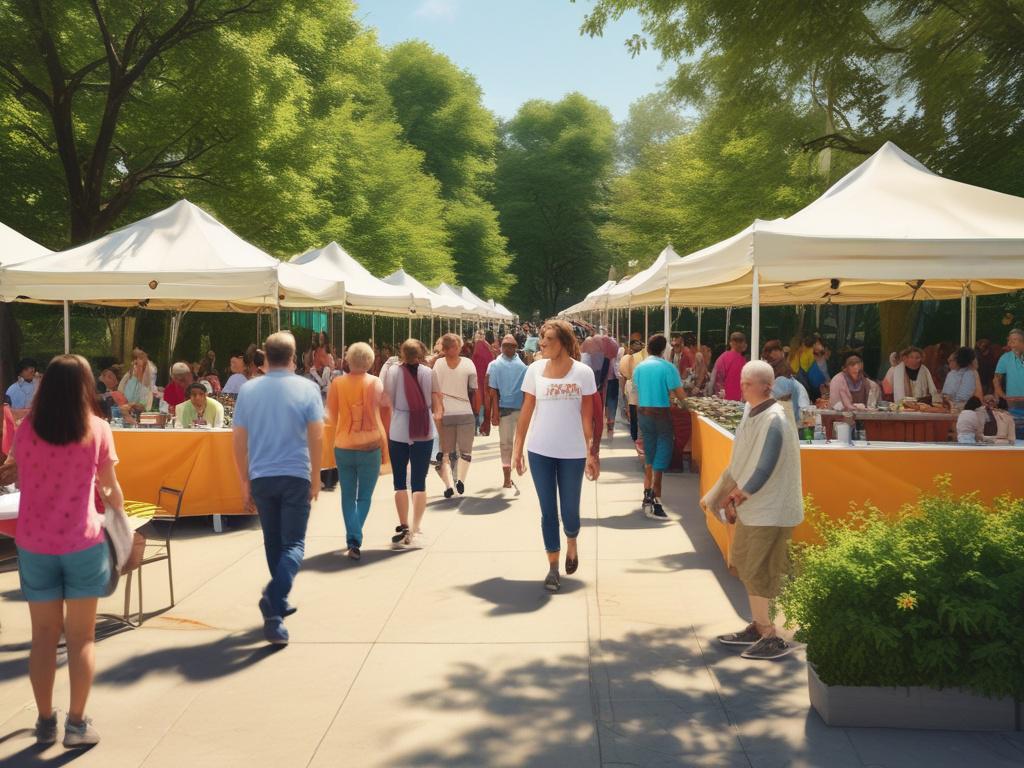 A vibrant outdoor community event featuring informational booths and engaging