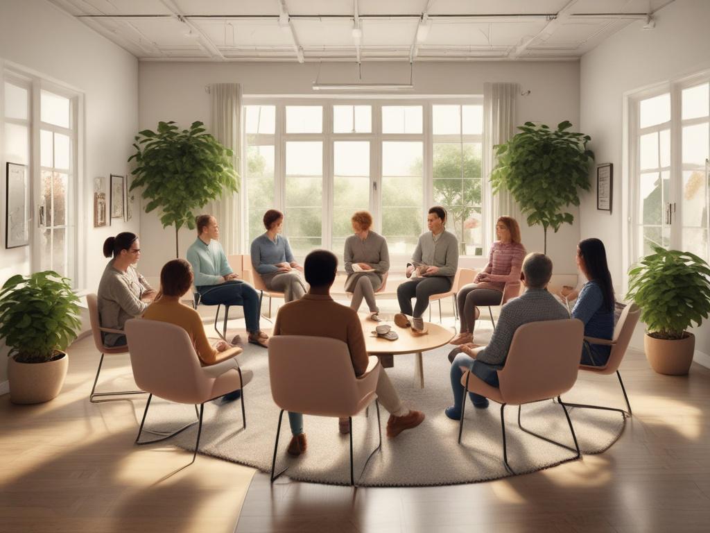 A cozy room with a circle of chairs filled with
