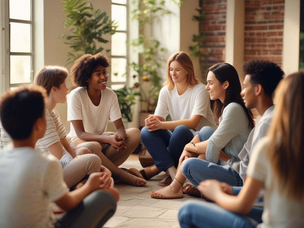 A serene setting featuring a diverse group of young individuals