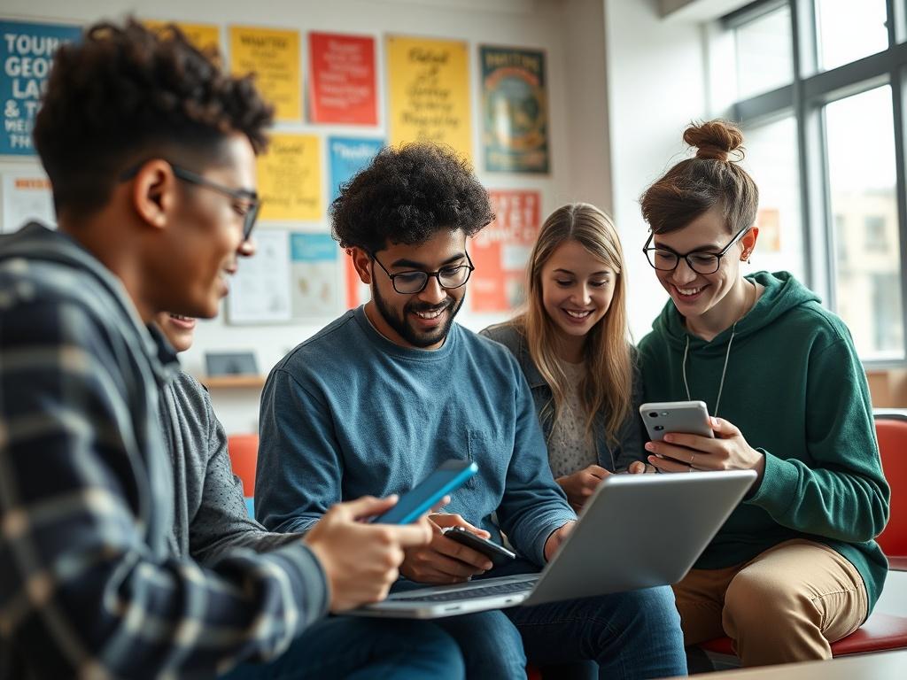 A close-up shot of a diverse group of young adults engaged in a collaborative workshop at the Charlestown Community Centre. They are brainstorming ideas and using digital devices to create innovative projects. The setting is bright and inspiring, filled with motivational posters and modern tech gadgets, reflecting a vibrant learning environment. The image should capture the energy and creativity of the participants, emphasizing teamwork and innovation.