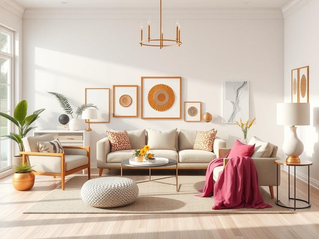 A beautifully arranged living room showcasing various home goods including decorative pillows, stylish furniture, and elegant lighting. The room should be well-lit and inviting, with minimalistic design elements and a clean, modern aesthetic. Use bold vibrant colors that complement the rgb(50, 170, 39) primary color, focusing on essential elements that highlight the quality and affordability of the products.