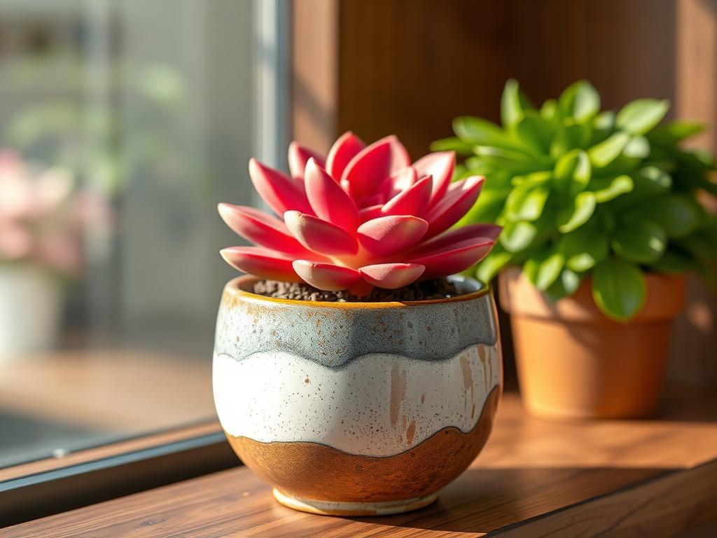 A realistic image of an artisan ceramic plant pot displaying a vibrant succulent inside. The pot should have a unique hand-painted design, set against a wooden table or shelf. Soft natural light should highlight the colors and textures of both the plant and the pot, creating an inviting scene.