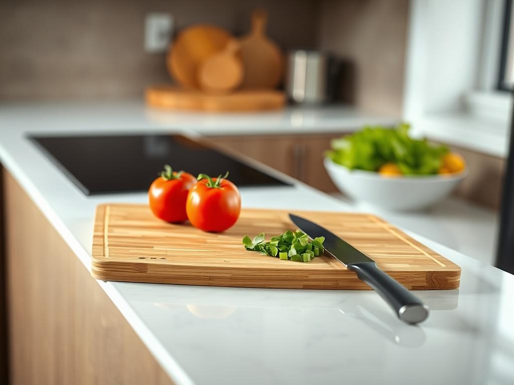 A photorealistic image of a bamboo cutting board placed on a clean kitchen countertop. The board should be shown with fresh vegetables like tomatoes and bell peppers, and a sharp knife beside it. The background should be softly blurred to emphasize the cutting board and ingredients, with natural light illuminating the scene.