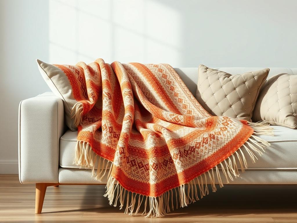 A high-resolution image showcasing a handwoven cotton throw blanket elegantly draped over a modern sofa. The blanket should display intricate patterns and a warm color palette. The background should include soft lighting and a few decorative pillows, creating a cozy atmosphere.