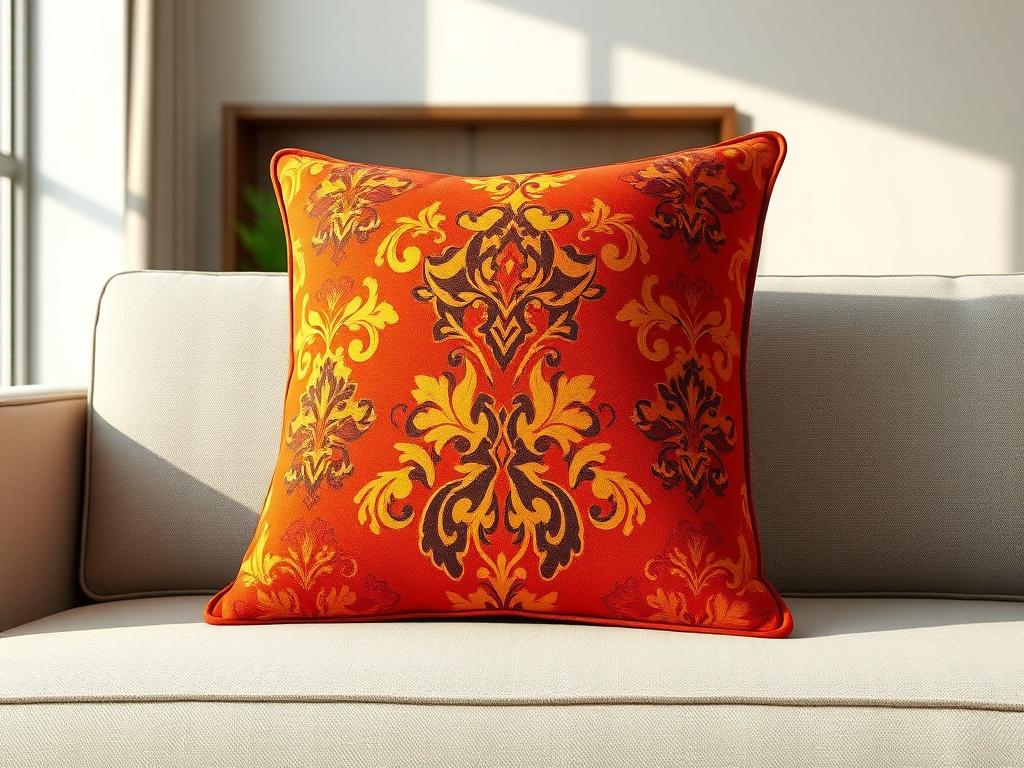 A realistic high-resolution photo of an elegant throw pillow on a minimalistic sofa. The pillow features a bold, vibrant pattern in warm colors, and the background is a softly lit, modern living room with clean lines.