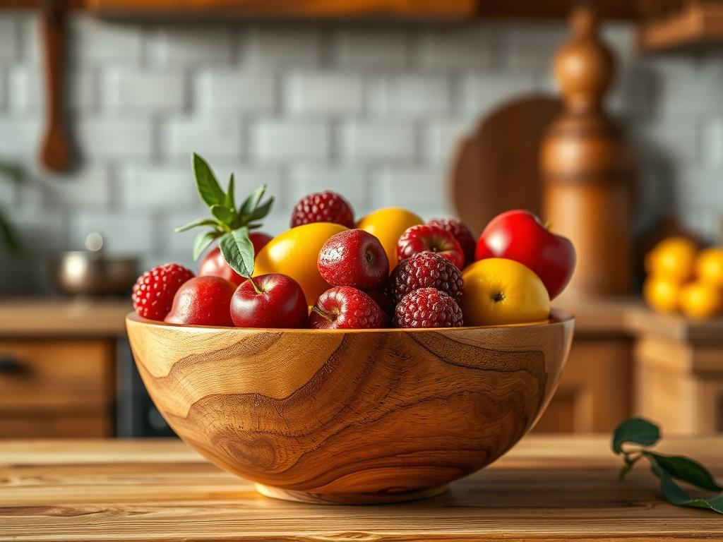A realistic high-resolution photo of a handcrafted wooden bowl filled with fresh fruits. The background features a rustic kitchen setting with warm lighting, showcasing the bowl's natural grain.