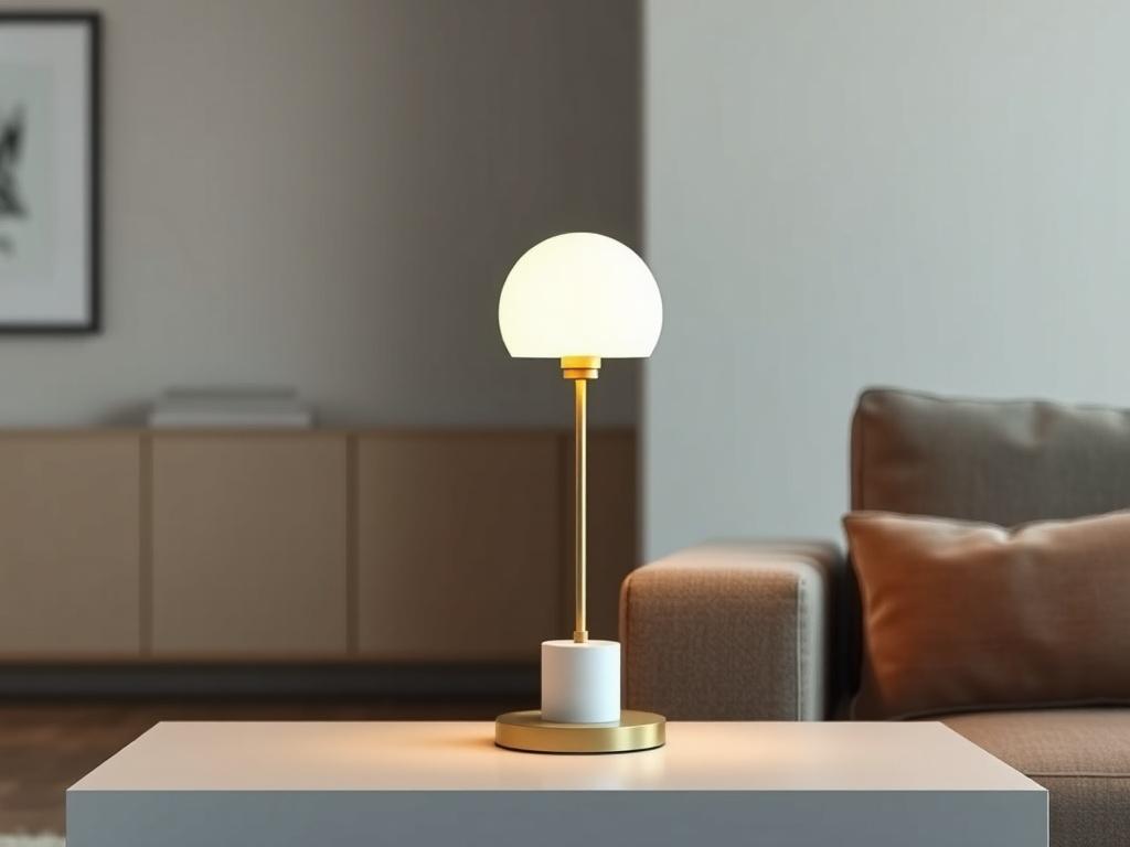 A realistic high-resolution photo of a modern minimalist table lamp on a sleek side table. The lamp emits a soft glow in a contemporary living room setting, highlighting its stylish design.