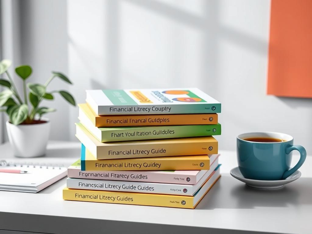 An engaging image of a stack of financial literacy guidebooks on a simple desk, with a plant and a cup of coffee in the background. The image is vibrant, focusing on the books while maintaining a clean, minimalistic style.