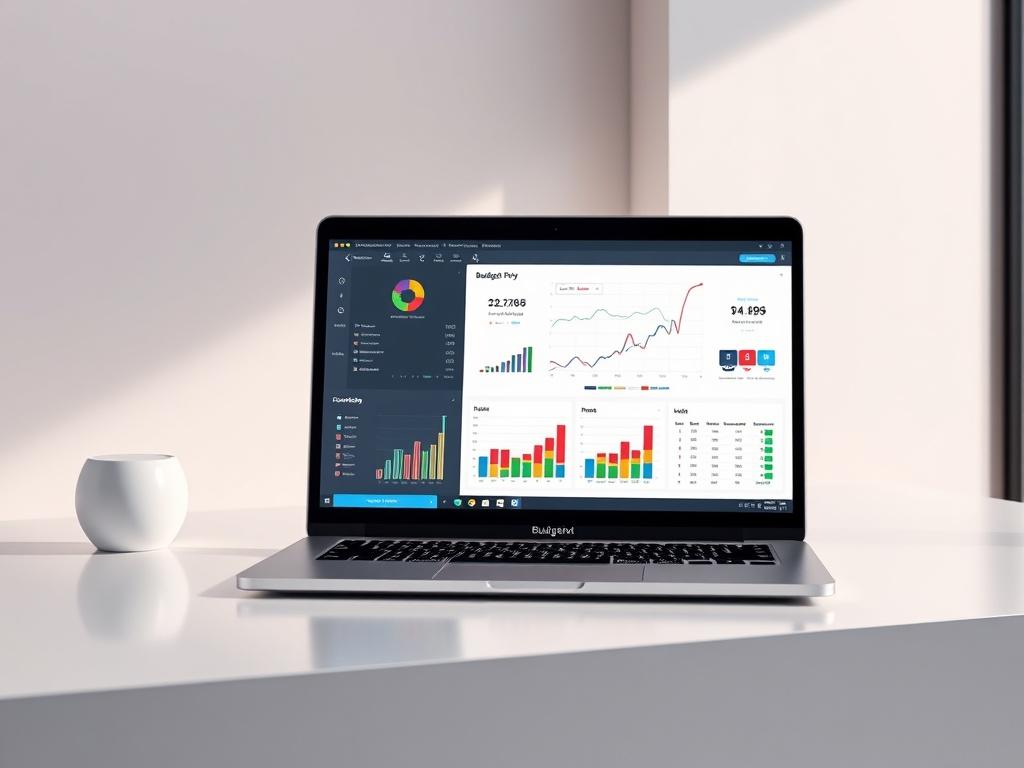 A realistic image of a laptop displaying budgeting software, with colorful graphs and charts on the screen. The background is minimalistic and modern, emphasizing the laptop as the focal point with vibrant colors.