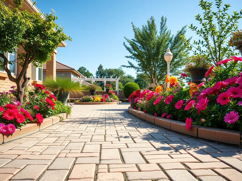 A beautifully designed outdoor paver patio with intricate patterns, featuring vibrant flowers around the edges, shot in natural sunlight. The image focuses on the detailed texture of the pavers and the surrounding greenery, with a clear blue sky in the background.