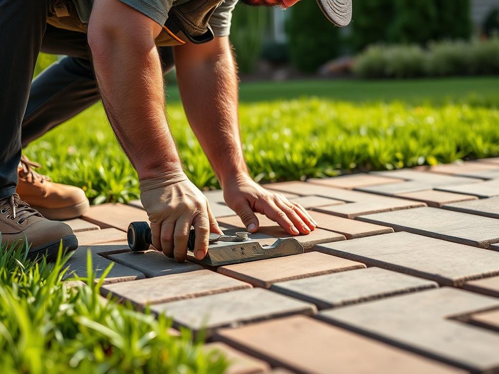 An expert installer working on laying pavers in a driveway, showcasing the precision of the installation process. The image captures the installer in action, with a focus on the paver stones and tools, surrounded by lush green grass.