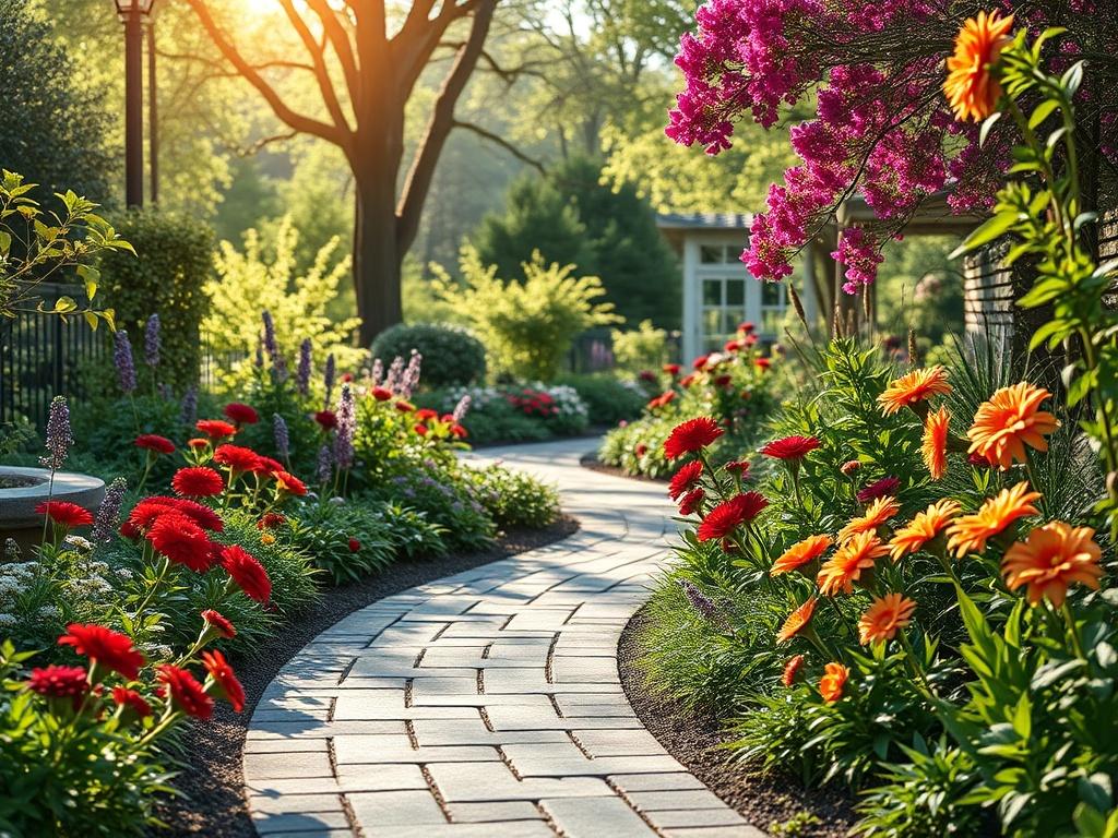 A picturesque garden walkway made of pavers, surrounded by vibrant flowers and greenery. The walkway curves gently, inviting visitors to explore the garden, with sunlight filtering through the trees above, creating a warm and inviting atmosphere.