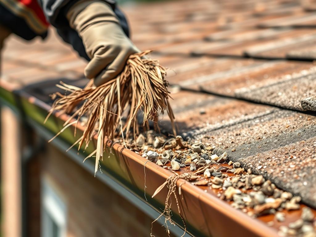 A close-up shot of a professional removing debris from a gutter, illustrating the cleaning process. The background should show a residential home, emphasizing the importance of a clean gutter system. The image should be vibrant, highlighting the contrast between the debris and the clean gutter.