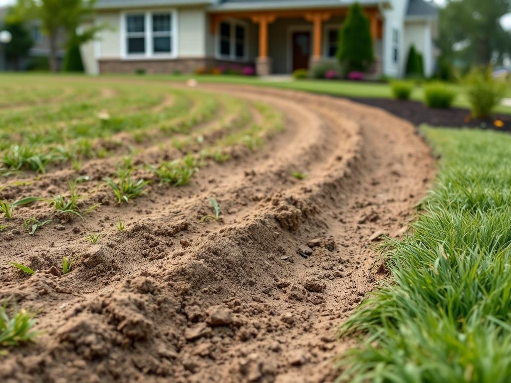 A close-up shot of a professionally graded yard showing a smooth slope leading away from a house. The image captures the freshly tilled soil with a clear gradient, surrounded by healthy grass and landscaping, emphasizing the importance of proper grading.