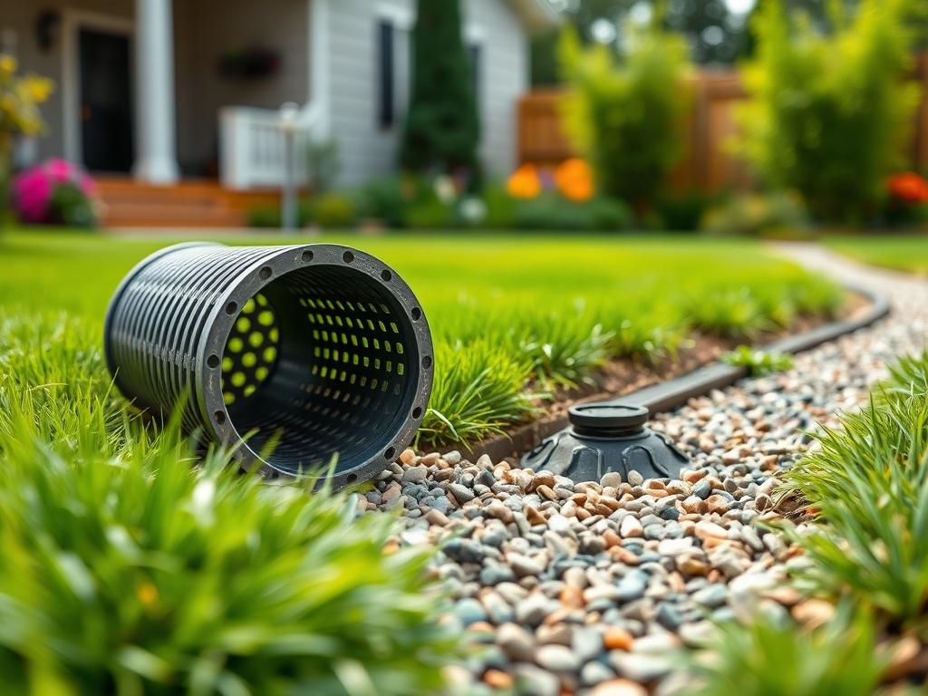 A close-up shot of a freshly installed French drain in a residential yard, showcasing the perforated pipe surrounded by gravel. The background features a well-maintained lawn and garden, with lush greenery and flowers, highlighting the effectiveness of the drainage system.
