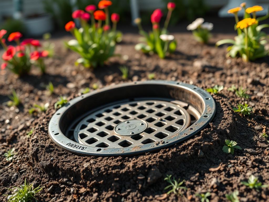 A close-up shot of a newly installed catch basin in a landscaped yard, integrated seamlessly into the ground. The image should show the basin’s grate and surrounding soil, with vibrant plants in the background, illustrating effective water management.