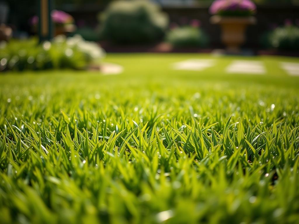 A close up shot of a lush green lawn with
