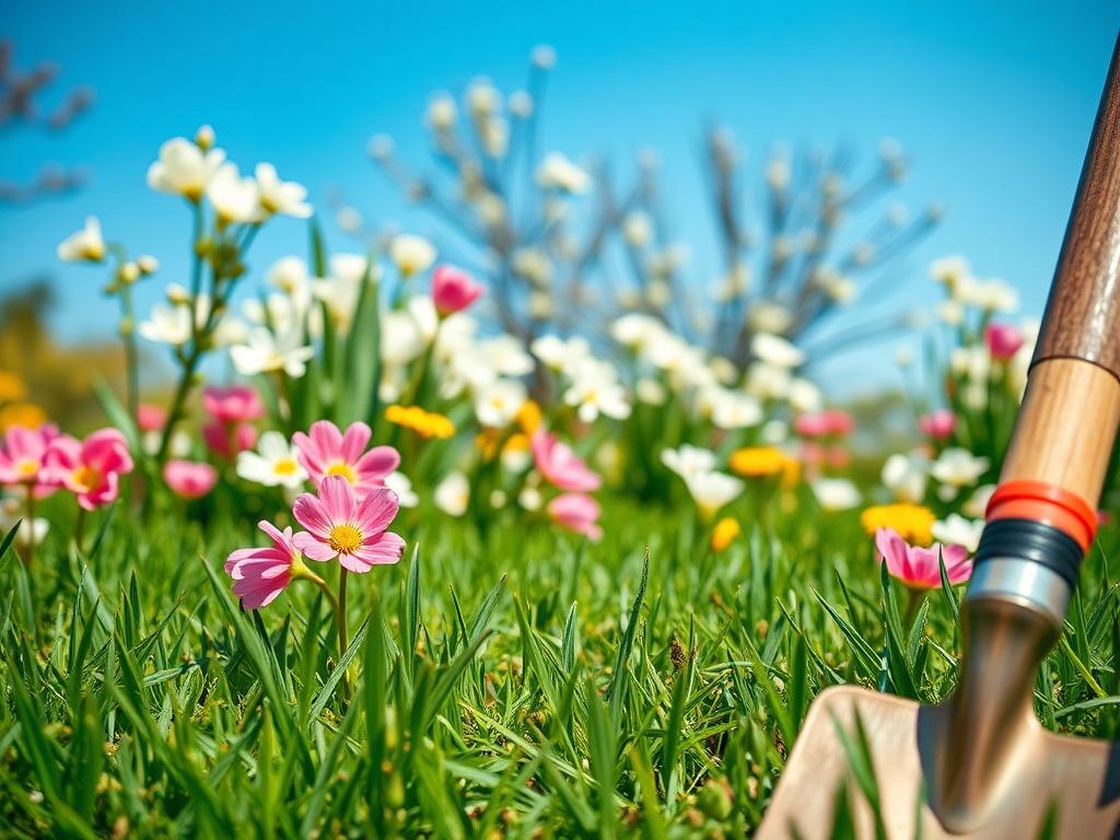 A vibrant spring garden with fresh green grass, blossoming flowers, and a clear blue sky. Show a close-up of a well-maintained flower bed, with gardening tools like a rake and spade in the foreground. The image should focus on the beauty and freshness of the spring season, showcasing a tidy outdoor space with colorful blooms.
