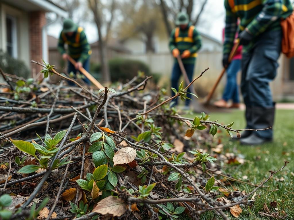 A post-storm garden scene showing a team of professionals clearing debris from a yard. Focus on a close-up of fallen branches and leaves being gathered, with a backdrop of a tidy garden. The image should depict the importance of storm debris clearing, showcasing a well-maintained outdoor area after a storm.