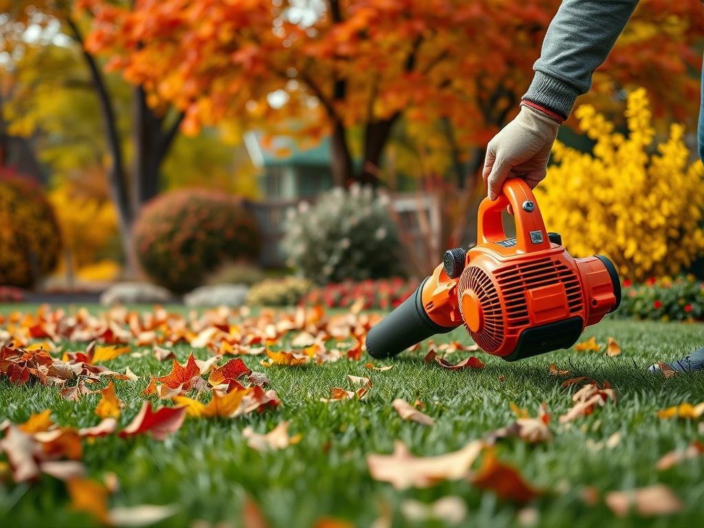 A picturesque fall garden scene with trees showcasing vibrant fall foliage. Capture a close-up of a lawn being cleared of colorful fallen leaves, with a gardener using a leaf blower. The background should feature a well-maintained garden, emphasizing the beauty of autumn and the importance of seasonal cleanup.