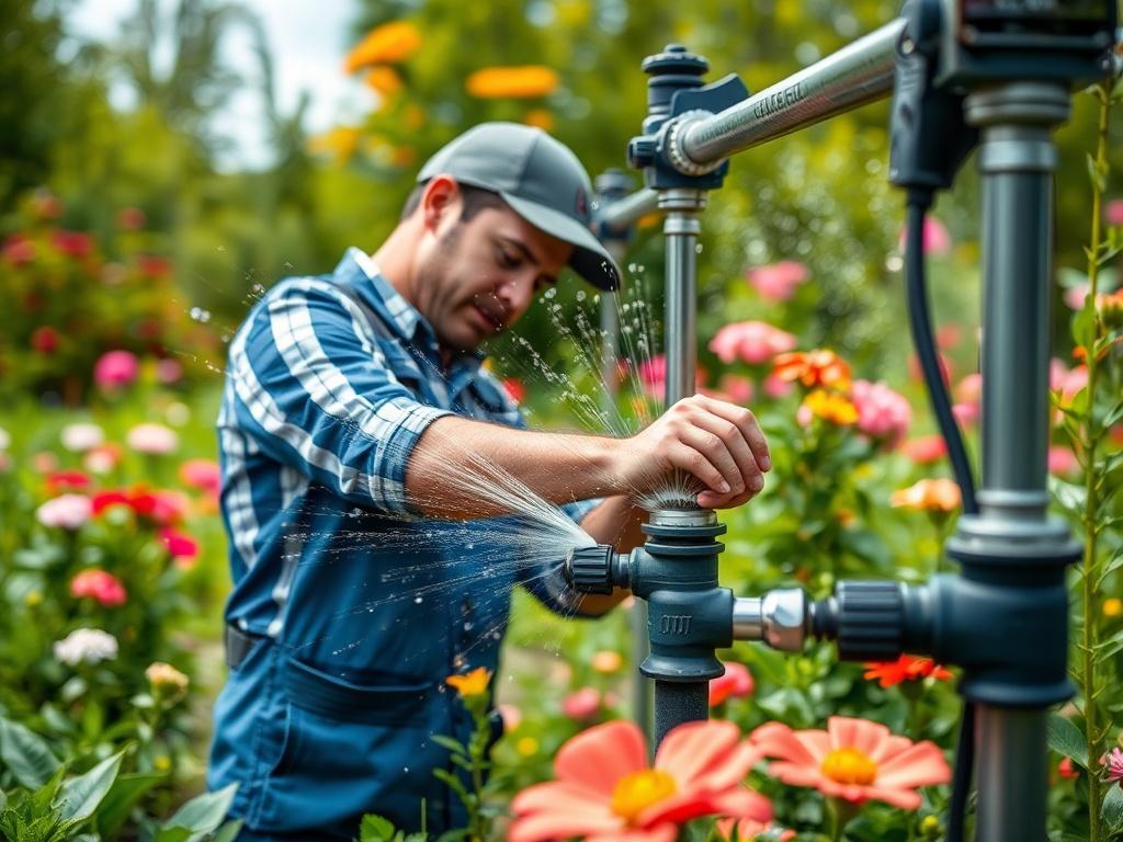 A close-up shot of a technician performing maintenance on an irrigation system, inspecting sprinkler heads and water lines in a lush garden. The setting highlights vibrant greenery and blooming flowers.