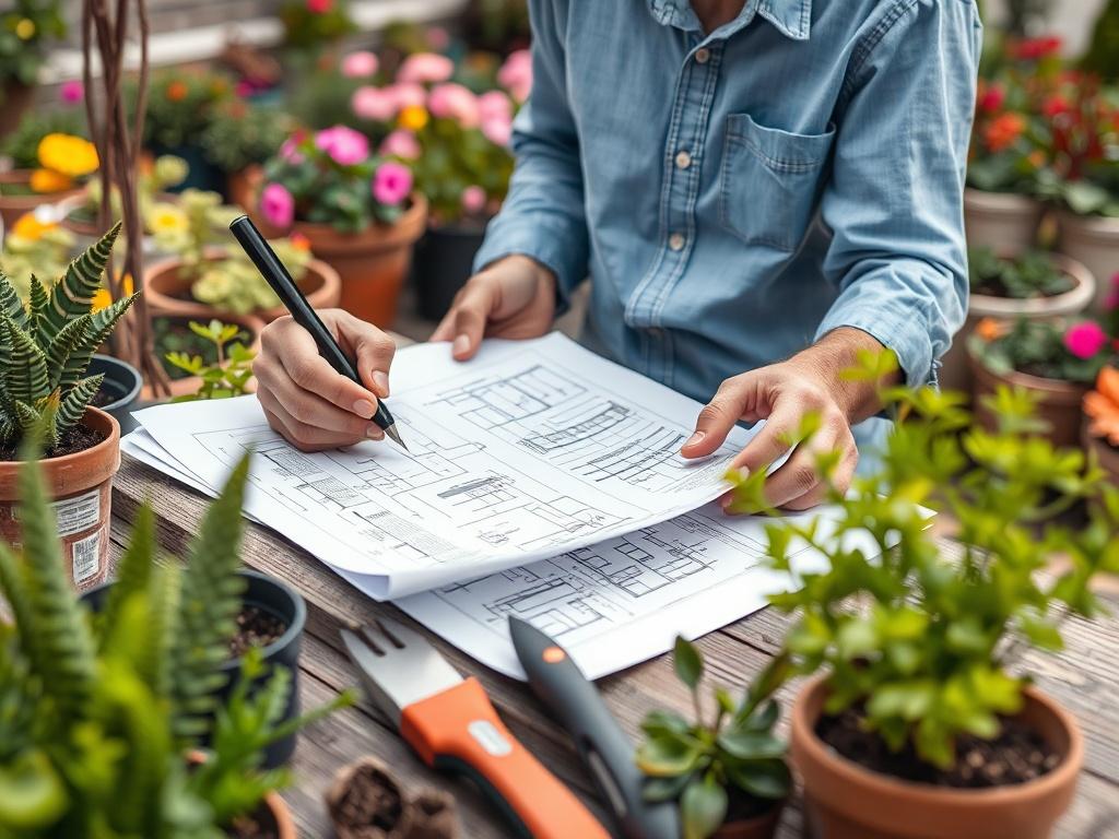 A detailed close-up shot of a landscape architect sketching an irrigation design plan on paper, surrounded by potted plants and tools. The background shows a vibrant garden, reflecting the beauty of well-planned irrigation.