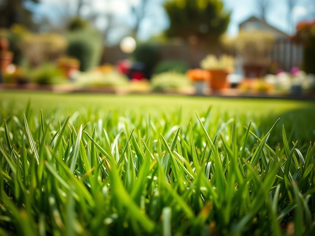 A close-up shot of a freshly mowed lawn, showcasing neatly cut grass with vibrant green blades. The background should feature a well-maintained garden and a sunny sky, emphasizing a healthy outdoor space. The image should be focused and hyper-realistic, capturing the texture and color of the grass in detail.
