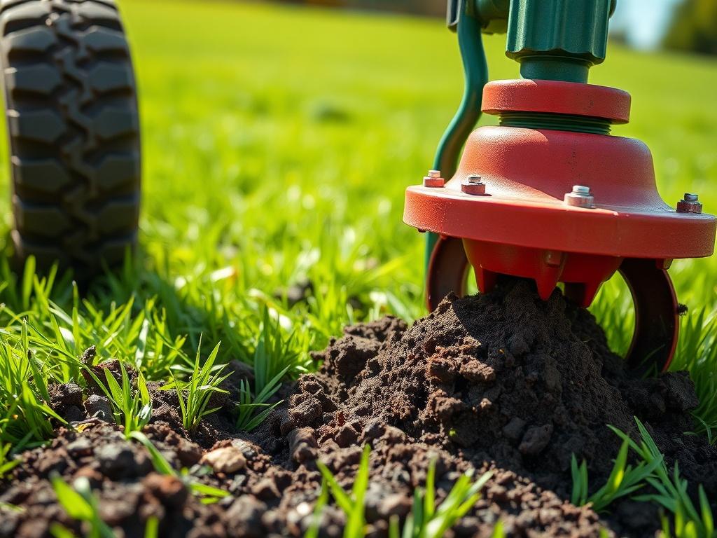 A vibrant close-up of a lawn being aerated, showing the aeration process with visible soil plugs being removed. The background should include a healthy, lush green lawn under a clear sky. The image should be hyper-realistic, highlighting the texture of the grass and soil.
