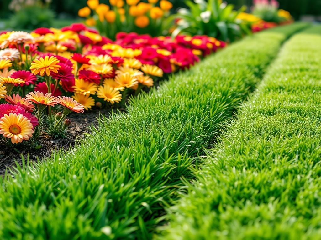A close-up view of freshly edged garden borders, displaying sharp lines between green grass and flower beds. The image should focus on the contrast of the well-defined edges and vibrant flowers, capturing the beauty and precision of lawn care. Shot in hyper-realistic detail.