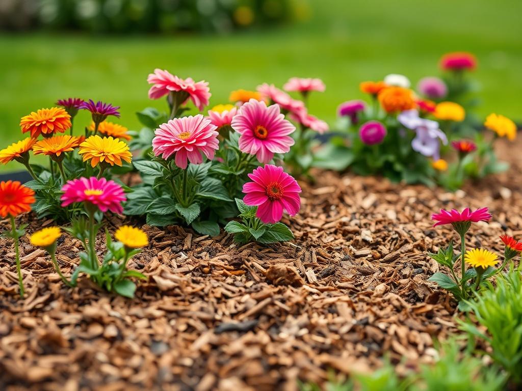 A hyper-realistic close-up of freshly laid mulch in a garden bed surrounding vibrant flowers and plants, highlighting the contrast between the rich brown mulch and the colorful blooms. The background should feature a well-maintained lawn and soft-focus greenery, showcasing the beauty and benefits of mulching.