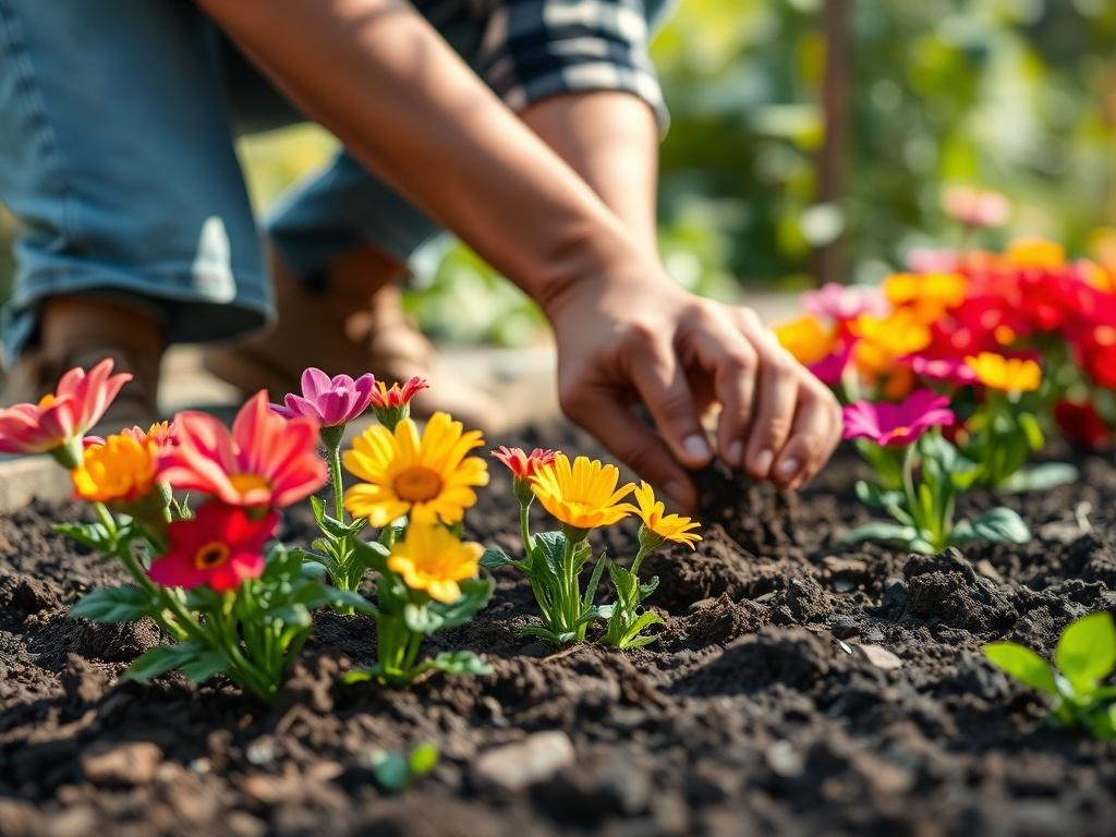 A hyper-realistic close-up of a gardener planting colorful flowers in a well-prepared garden bed, showcasing rich soil and healthy plants. The background should include hints of a sunny day with greenery and soft-focus foliage, emphasizing the care and attention to detail in the planting process.