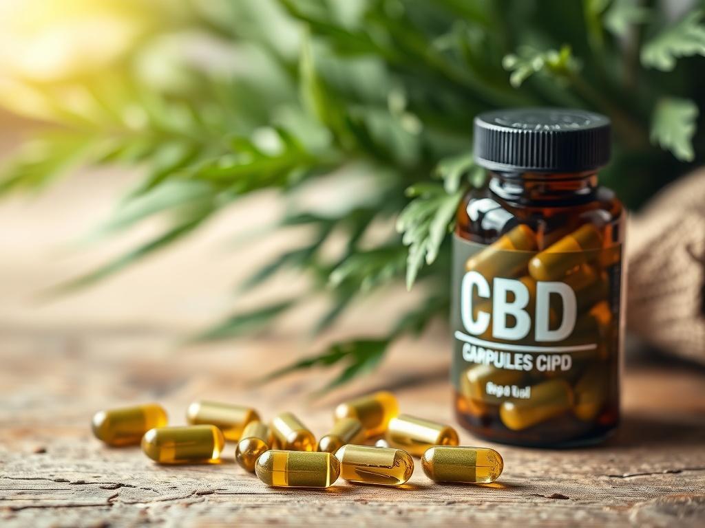 A close up of CBD capsules in a clear bottle,