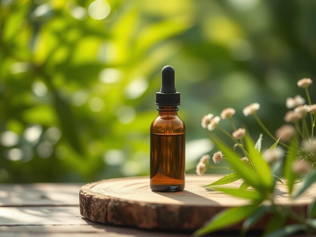 **AI Image Generation Prompt:**

Create a realistic high-resolution photograph that captures the essence of wellness through CBD oil in New Jersey. The composition should feature a single, prominently placed glass dropper bottle of high-quality CBD oil, with a dark amber or green hue, resting on a natural wooden surface. The bottle should have a minimalist design, devoid of any text or logos, emphasizing its purity and authenticity.

The background should consist of soft-focus greenery, showcasing the lush 