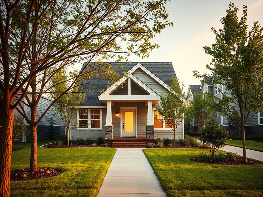 A realistic high-resolution photo of a beautifully designed affordable housing community, featuring modern architecture and green spaces. The image should focus on a single, inviting home with a well-maintained front yard, surrounded by trees and pathways. The background should showcase a vibrant community atmosphere, emphasizing a sense of belonging and togetherness. The lighting should be warm and inviting, captured using a 45mm f/1.2 lens to highlight the details of the home and the lush greenery.