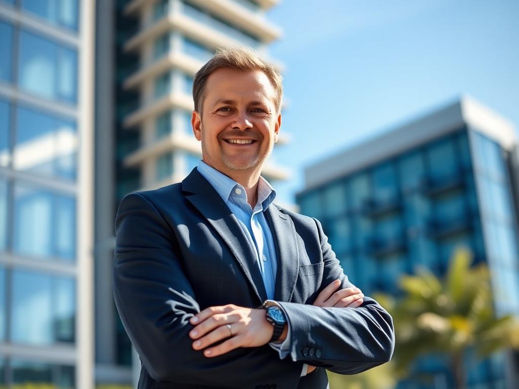 A close up shot of a confident real estate agent